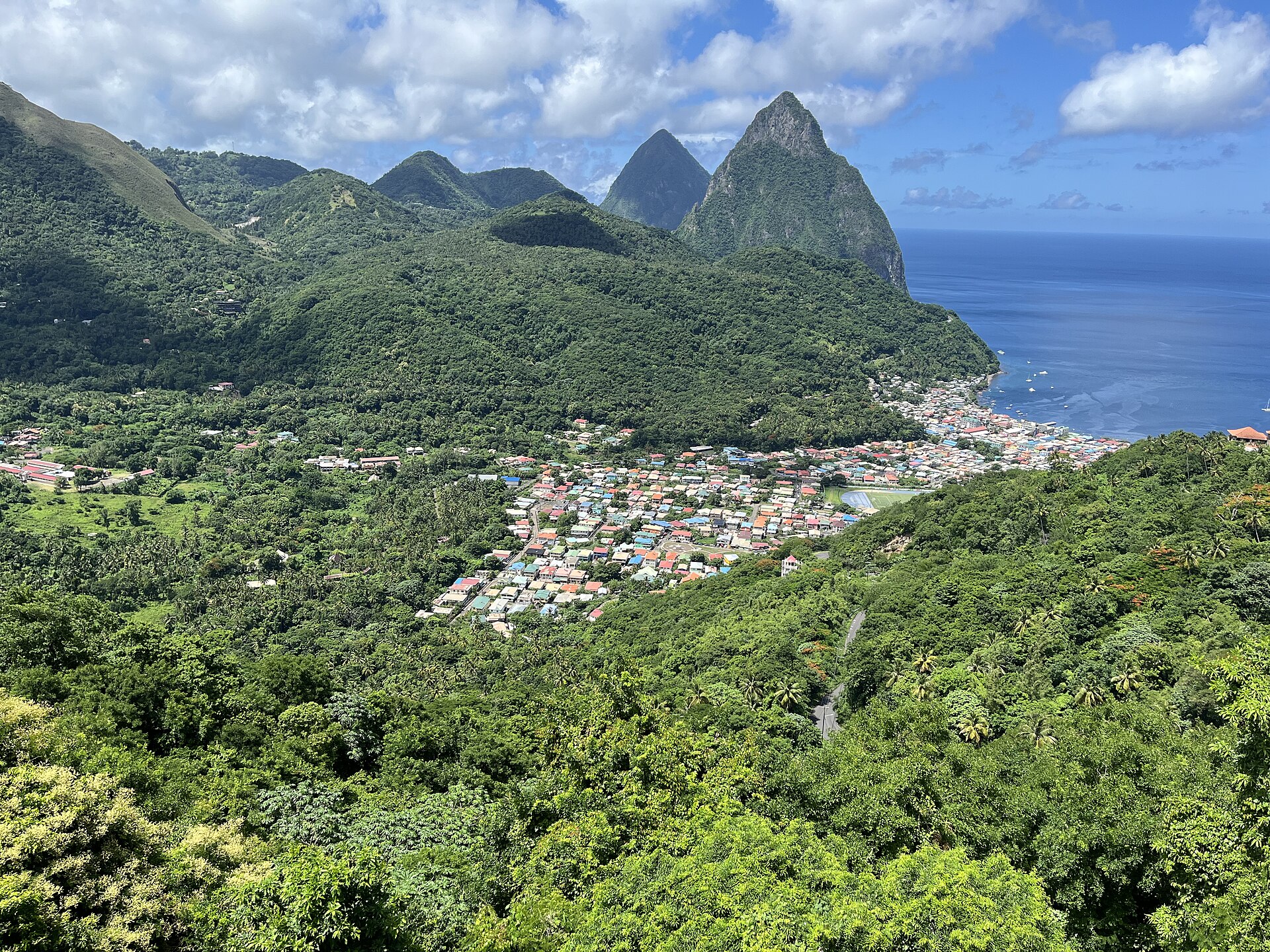 Soufrière town with the Pitons in the background