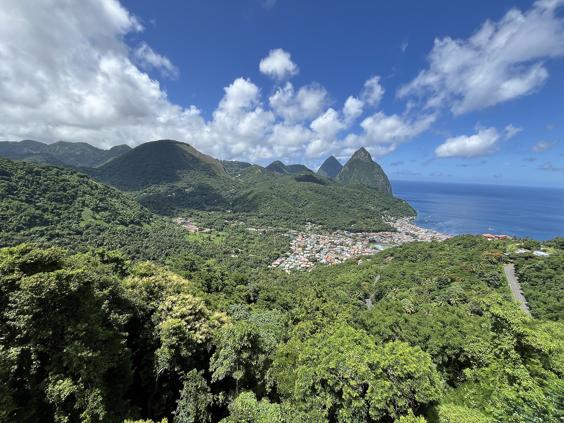 Soufrière town with the Pitons beyond